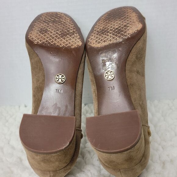 Tory Burch Womens Size 7 Colt Suede Covered Studs Block Heel Pump River Rock - Picture 6 of 7